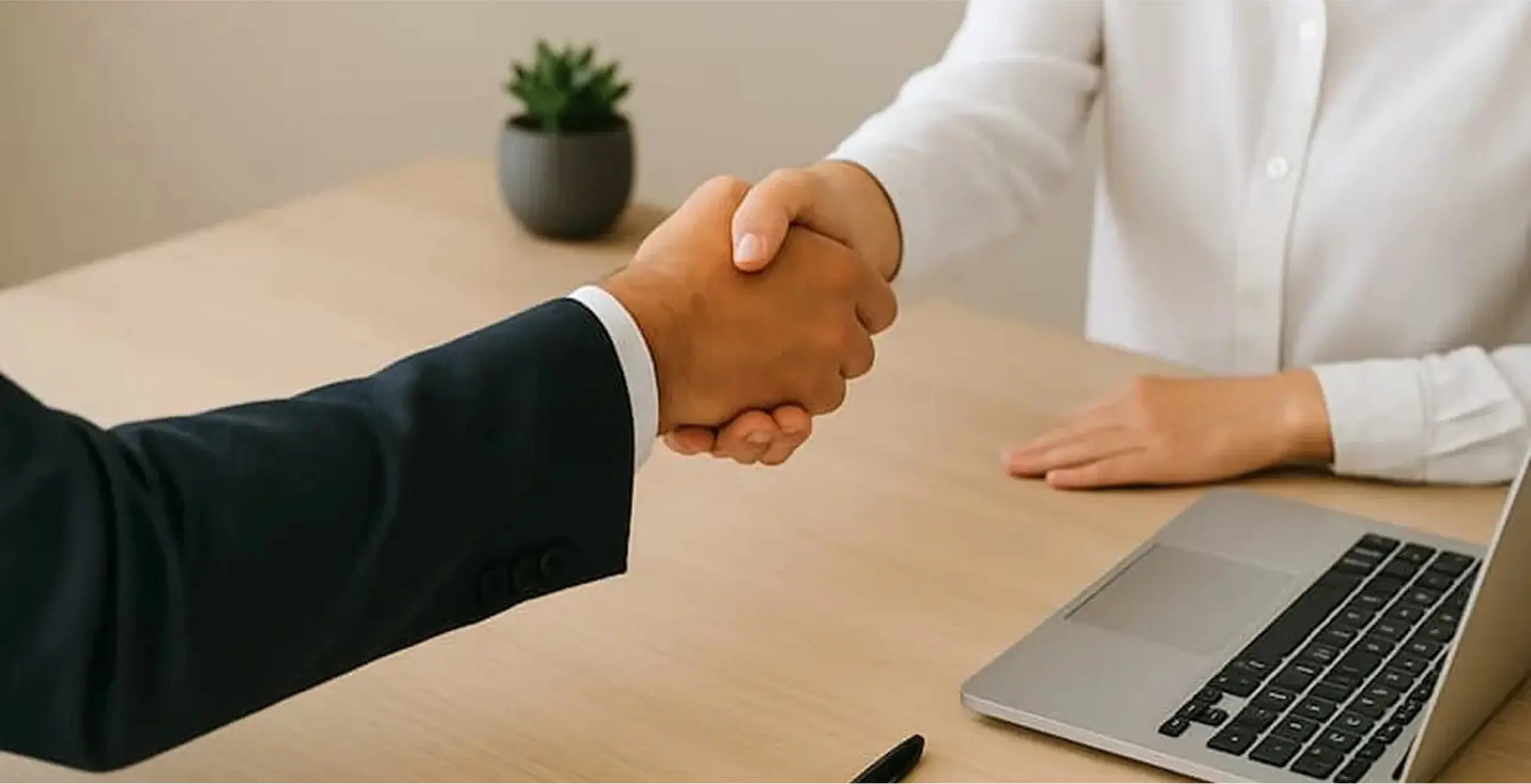 Professional handshake at a desk with a laptop